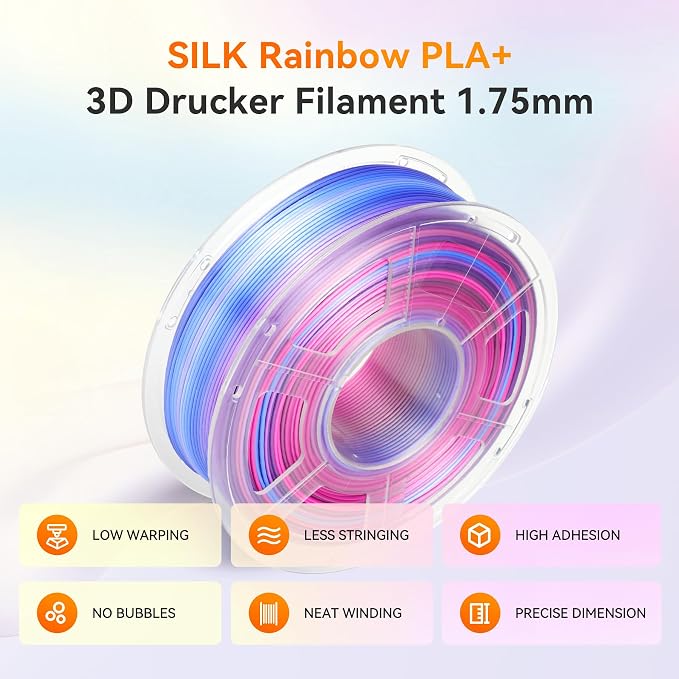 TECBEARS Silk Rainbow PLA Filament 1.75mm, Gradient 3D Printer Filament, Shiny Silk Rainbow Filament, Fast Color Change Each 8 Meters, Dimensional Accuracy +/- 0.02mm(Pink-Yellow-Blue-Green)