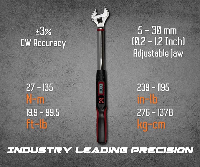 Tapha Tools Adjustable Digital Torque Wrench 5 - 99.5 ft-lbs (6.8 - 135 N-m) Torque Range, 5 - 30 mm Adjustable Jaw, LED and Buzzer Notification, Preset Memory, ISO 6789 Tested and Calibrated