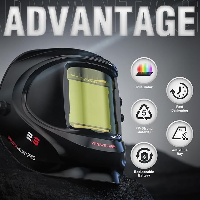 YESWELDER Large View Auto Darkening Welding Helmet, Blue Light Blocking, 1/1/1/1 True Color Solar Powered Welder Hood Mask with 4 Arc Sensors, Wide Shade 4/5-9/9-13 for TIG MIG ARC CUT and GRIND