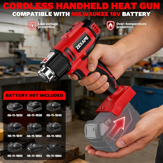 Cordless Heat Gun Compatible with Milwaukee 18V Battery, 350W Fast Heating Soldering Gun with LED Light, 122℉-1022℉ Variable Temperature with 5 Nozzles for DIY Craft, Shrink Tubing (Tool Only)