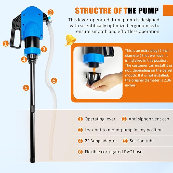 Lever Action Drum Pump，Manual Barrel Pump for water/oil/liquids，55-gallon siphon includes 6.56 feet of 3/4-inch corrugated hose