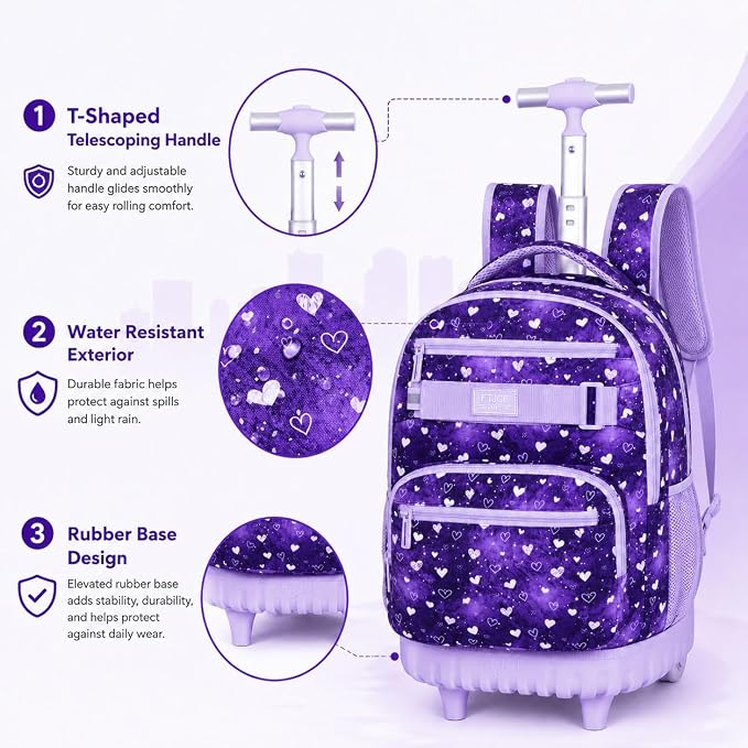 3Pcs Rolling Backpack for Girls Teens, 19" Wheeled Backpack with Lunch Box, Polka Dots Travel Roller Backpack for Women College Students (Purple)