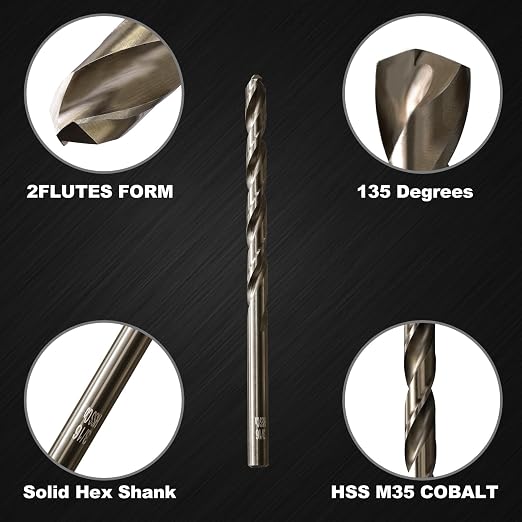 3/16 Cobalt Drill Bit for Metal and Hard Steel(10Pcs),M35 High Speed Steel Twist Jobber Metal Drill Bits,with Index Storage Case
