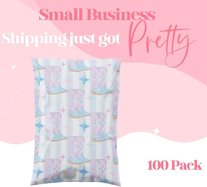 Pretty Package Store 10x13 Designer Poly Mailer 100 Pack Heavy Duty Waterproof Self Seal Shipping Bags for Small Business Large Mailing Envelopes Bulk Tear Resistant Packaging Cowgirl Boots Western