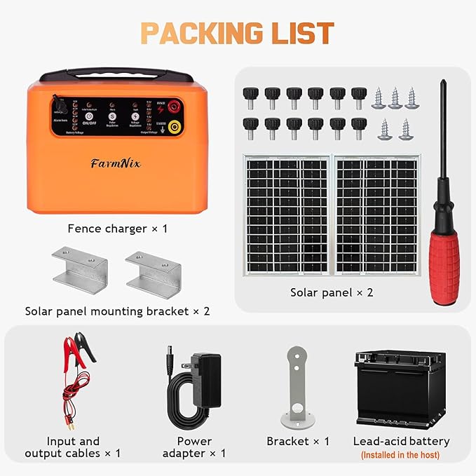 6-12KV Adjustable Output Solar Fence Charger,30 Miles Electric Fence Charger for Livestock,1.5J Solar Charger,15W Solar Electric Fence,24H Protection Solar Powered Electric Fence Kit