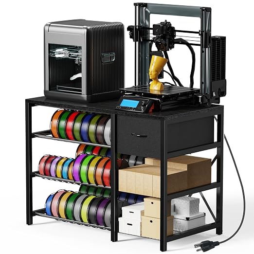 3D Printer Stand with Filament Storage Rack, Black 3D Printer Table with Power Outlet, 3-Tier Filament Holder with Drawer, 3D Printer Filament Stand Organized for Office Workshop Studio