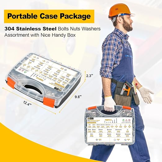 788PCS 18-8(304) Stailess Steel Hex Bolt Assortment Kit, Heavy Duty Bolts and Nuts Kit, 1/4-20 5/16-18 3/8-16 SAE Hex Cap Screws Nuts Washers, Comes with 3 Bits Plated