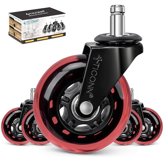 TICONN Office Chair Caster Wheels Set of 5 for Tile, Hardwood Floors and Carpets, Universal Fit for Most Chairs (Red)