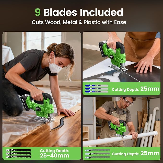 TaskStar Jig Saw - Cordless Jigsaw Saw with Batteries and Charger | Jigsaw Tool wtih 9 Blades for Wood, Metal, PVC, ±45° Bevel Cutting, 4 Orbital Actions, LED, Safety Lock, Storage Bag