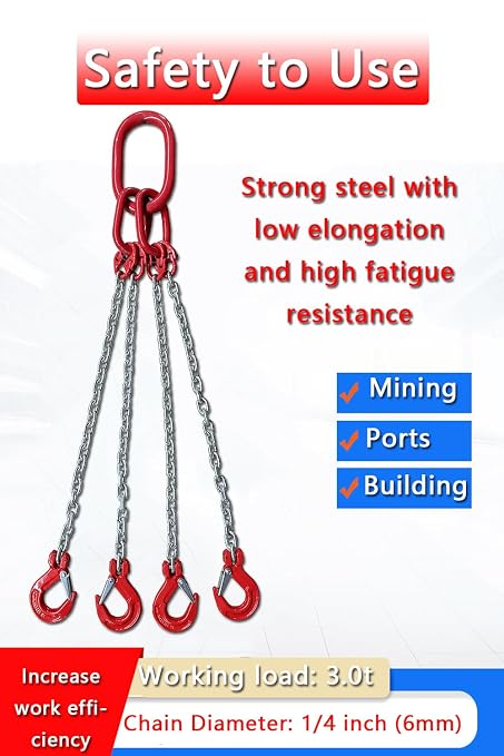 Chain Sling 1/4Inch X 5 Ft 6620lb 4Leg with Sling Hooks and Adjusters Grade 80Alloy Steel Engine Chain Hoist Lifts【4Leg 3Ton】