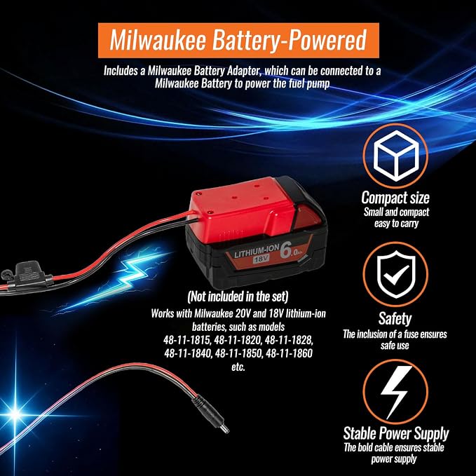 24V 85GPH Fuel Transfer Pump Set with Patented Pulley Lead Pipe & Battery Adapter, Compatible with Milwaukee M18 Battery, for Vehicles, Boats(85GPH 24V, Pump with Red Adapter)