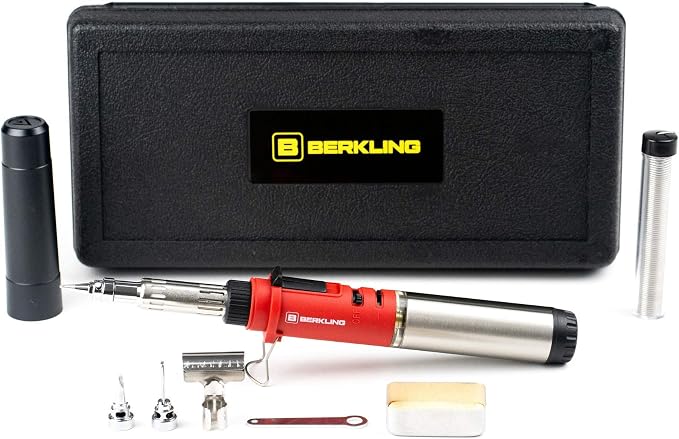 Berkling Premium Butane Soldering Iron Kit - Portable Cordless Welding Micro Solder Torch Heat Gun, 3 Pro Grade Tips, 15g Lead-Free Rosin Core Solder Wire, Mini Wrench, Sponge (BSG-668 Kit Red)