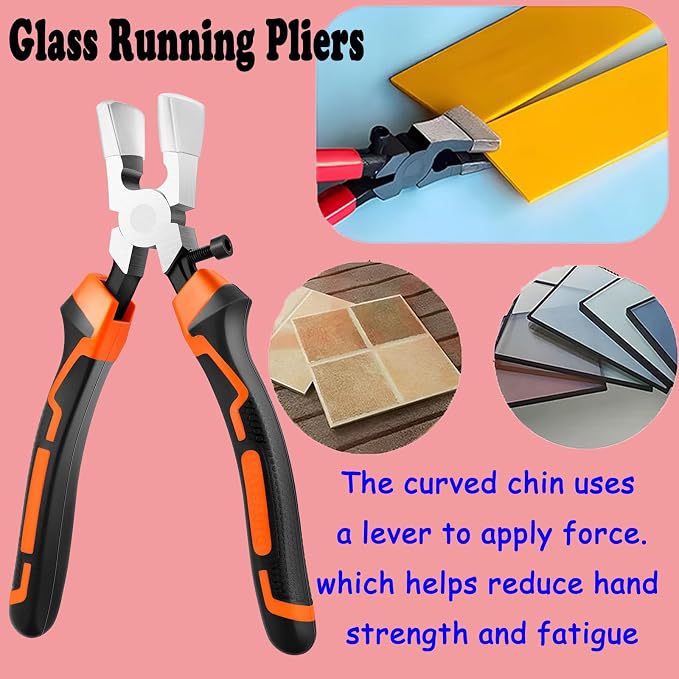 Glass Cutting Tool Kit with Tile Nipper, Glass Running Pliers, Breaker Grozer Pliers, Glass Cutter for Stained Glass, Tiles, Mosaic, with Storage Bag