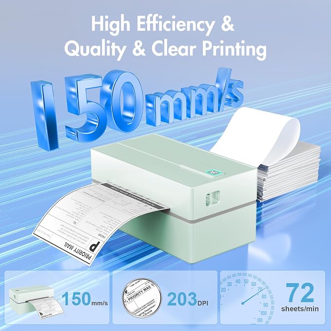 Bluetooth Thermal Shipping Label Printer: 4x6 Wireless Label Maker with Tape for Small Business - Compatible with iPhone, Android, Windows & Mac, Widely Used for USPS UPS Amazon Shopify, Green