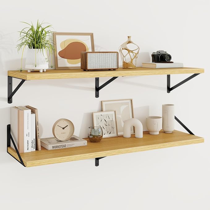 Floating Shelves 12 Inch Deep, 48W x 12D Wall Shelf Set of 2, 70 lbs Heavy Duty Reversible Metal Brackets, Deep Industrial Book Shelf for Living Room Kitchen Bath Bedroom Coffee Bar, Oak