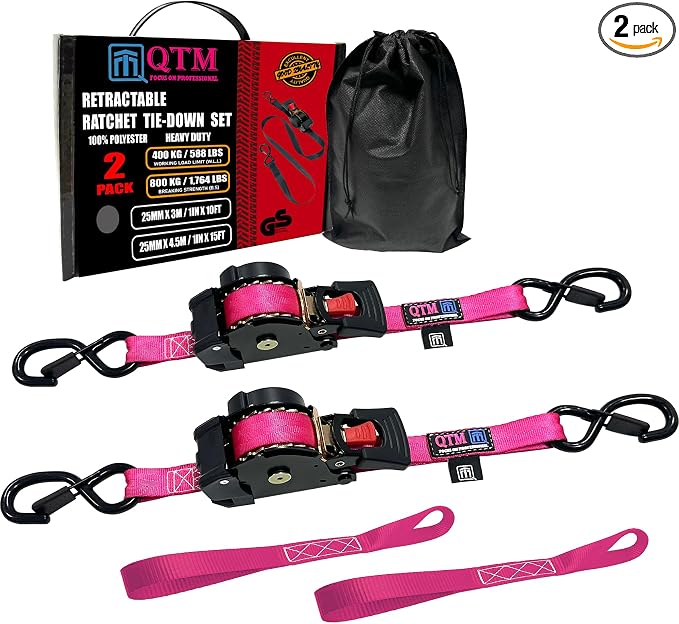 QTM 2-Pack Stainless Steel Spring Pink Retractable Ratchet Straps 1" x10' with Soft Loops, Heavy Duty, 2,000lbs Breaking Strength, with Storage Bag, Best for Cargo, Truck, Bicycle, Motorcycle