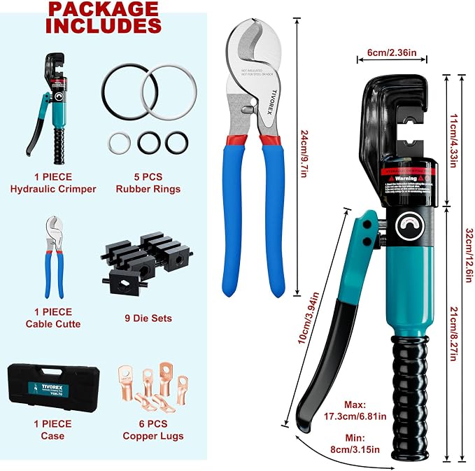 Hydraulic Crimping Tool and Cable Cutter, 12 AWG to 00 (2/0), Electrical Terminal Cable Wire Tool Kit with 9 Die Sets and 6pcs Ring Terminals