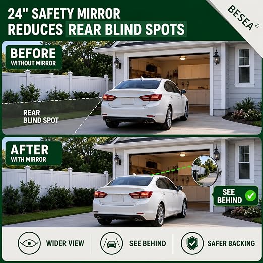BESEA 24" Convex Traffic Mirror (2-Pack) - Wide Angle Blind Spot Safety Mirror for Driveway & Garage - Weatherproof Outdoor Security Mirror for Parking Lot & Street with Adjustable Bracket