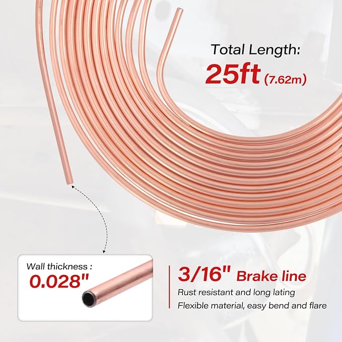 25 ft 3/16'' Copper Coated Brake Line Kit (Includes 16 Fittings and 4 Unions Brake Line Fittings) + Double & Single Flaring Tool Kit for Automotive, Fuel,Hydraulic Systems