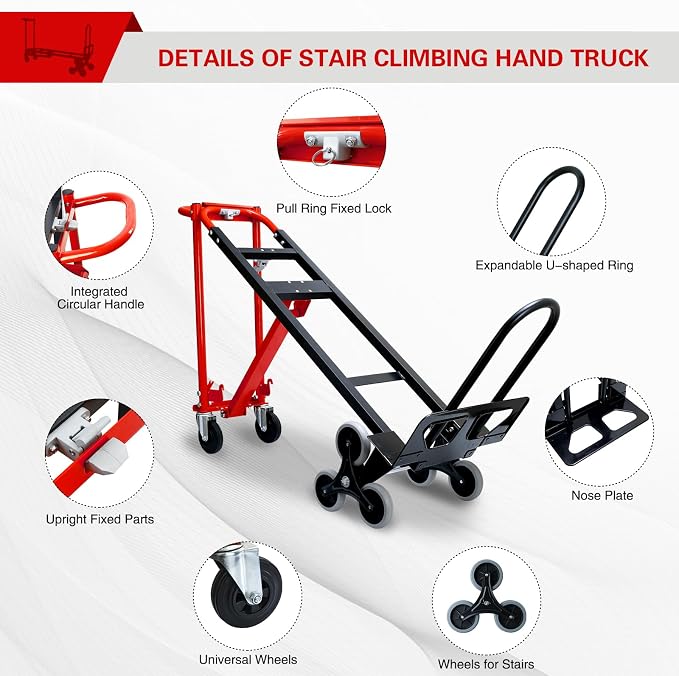 3 in 1 Industrial Convertible Hand Truck Dolly,1000 LBS Capacity Stair Dolly,Stair Climbing Hand Trucks Heavy Duty with Solid Wheels for Moving,Transport in Warehouses,Factory(Red)