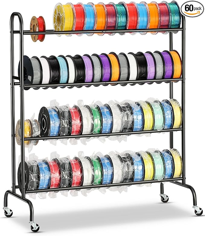 AHOWPD 3D Printer Filament Storage Rack - 4 Tier Rolling Filament Spool Holders Racks with Wheels, Heavy Duty Metal Shelf for PLA/ABS/TPU, Filaments Organzied for 3D Printing Studio, Office Workshop