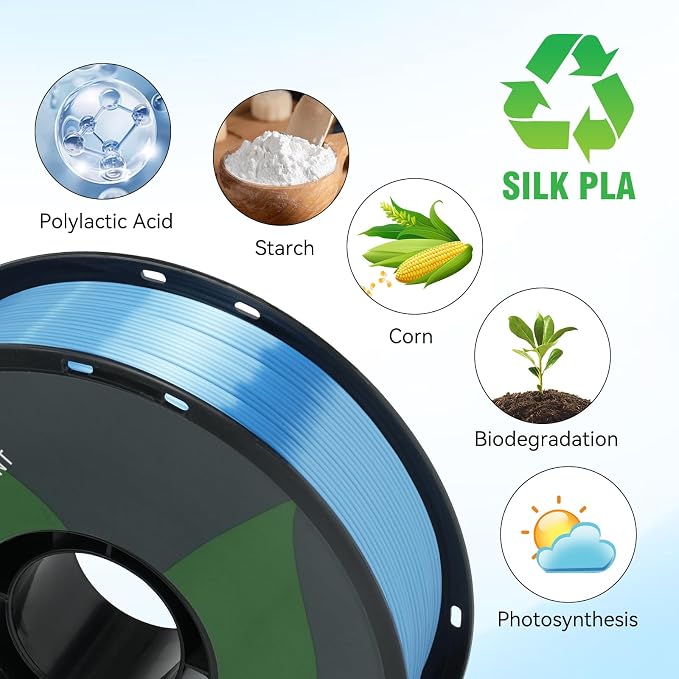 Silk Azure PLA 3D Printer Filament, 1.75mm, 1KG Spool(2.2lbs), Dimensional Accuracy +/- 0.03mm ，Silk Azure