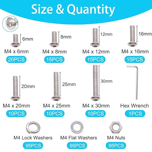 380PCS M4 Screw Kit, M4 x 6/8/12/16/20/25/30mm Button Head Socket Cap Screws Bolts Nuts Washers Assortment Kit, 304 Stainless Steel M4 Bolts with Hex Wrench