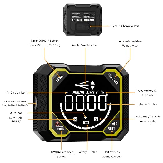 Digital Angle Finder with Laser, Magnetic Inclinometer, USB Rechargeable | 4x90° angle measurement with backlit LCD, auto-rotating display and magnetic base for woodworking, construction and DIY.