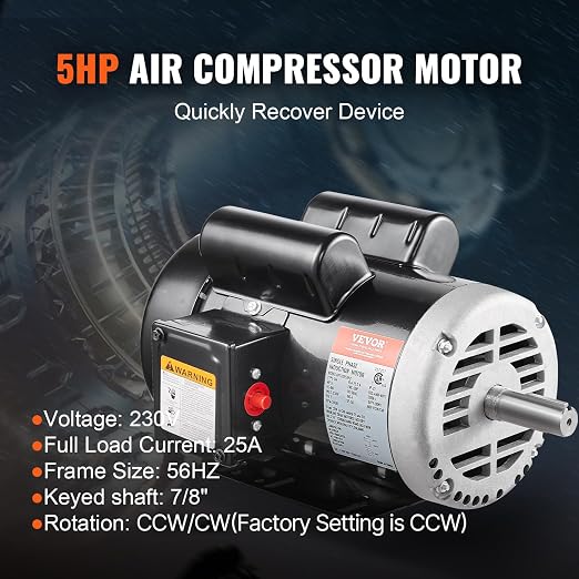 VEVOR 5HP Air Compressor Electric Motor, 230V 25 Amps, 56HZ Frame 3450RPM, 7/8" Keyed Shaft, 2.25" Shaft Length, Single Phase, CCW/CW (Factory Setting is CCW)