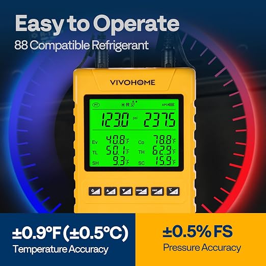 VIVOHOME Digital HVAC Manifold Gauge Set, Refrigeration AC Gauges with 2 Wired Temperature Clamp Probes and 3 Hoses, Pressure and Temp Test, for R134a R410a R32 R1234yf R454B Refrigerant Recharge Kit