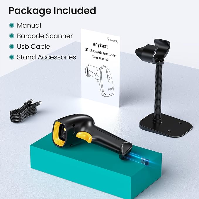 Bluetooth Barcode Scanner Wireless: Inventory 2D 1D QR Code Scanners with Stand for Computer POS,Handheld CMOS Image Bar Code Reader for Warehouse Library Supermarket-Yellow