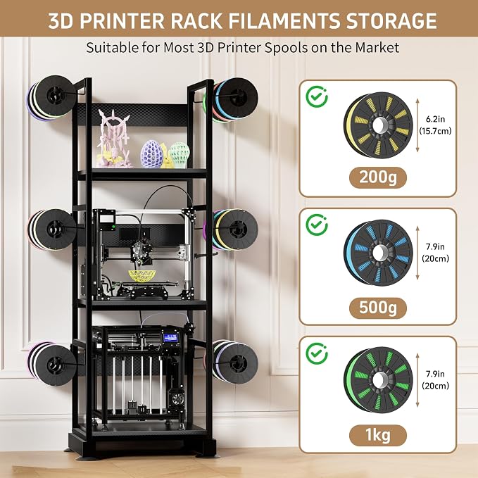 3DPrinter Stand with Filament Storage,3D Printer Rack with Power Outlet,Heavy-Duty 3D Print Storage Shelf for ABS/PLA/TPU Filament Spools,Perfect for 3D Printing Workshops,Carbon Fiber Black