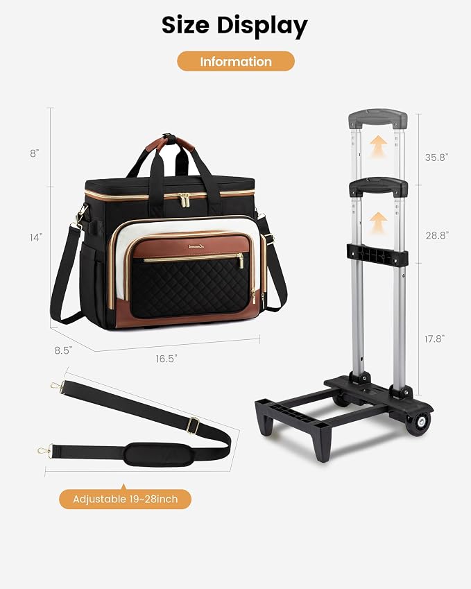 LOVEVOOK Rolling Teacher Bag with Detachable Dolly and Laptop Compartment, Large Rolling Tote Bag fits for 17.3" Laptop for Teacher Office Work Craft Nurse, Quilted-Black-beige-brown