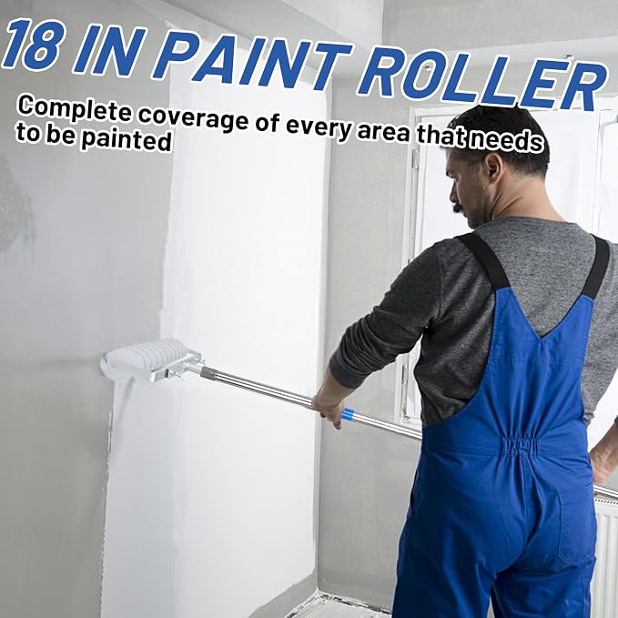 12 Pcs 18 Inch Paint Roller Kit- 18 Inch Paint Roller Tray, 12-18" Adjustable Roller Frame & Thickened Extendable Steel Pole, Large Paint Roller Sleeves with Tray for Painting Wall Ceiling