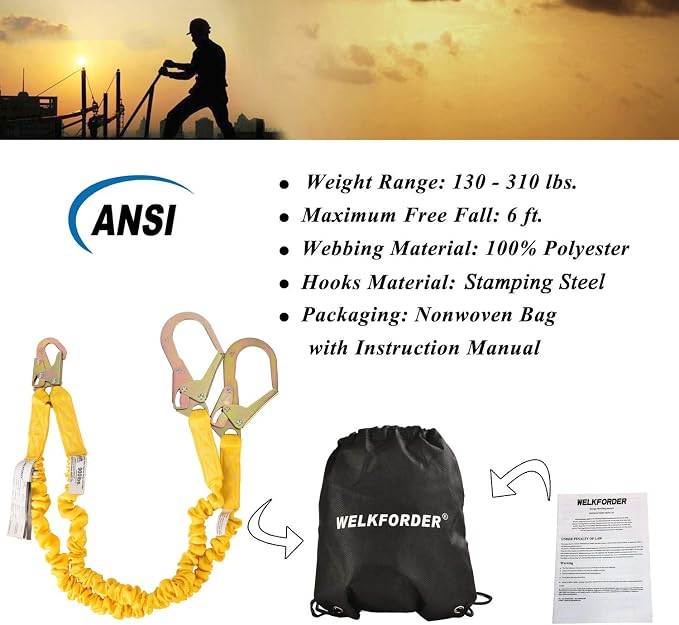 Double Leg 6-Foot Fall Protection Safety Lanyard
