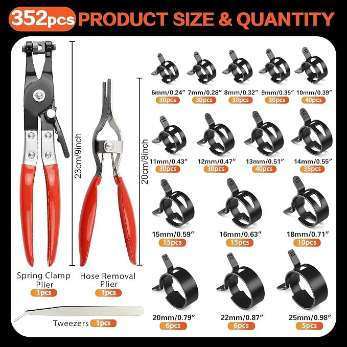 352Pcs Fuel Line Spring Band Hose Clamp Assortment Kit 15 Sizes | 6-25mm, Automotive, Constant Tension Clip, Spring Steel, Silicone Hose Clamps, DIY, Water Pipe, Clamp Plier, Air Vacuum