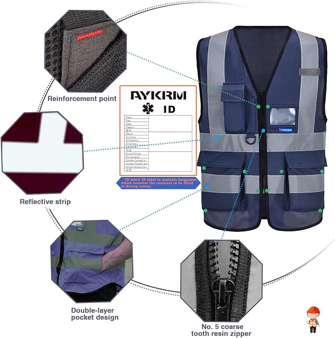 A-SAFETY navy blue work vest | Navy 3XL Polyester work vest with reflective strips, mic tabs and 7 pockets for safety supervision; available in 21 colors.