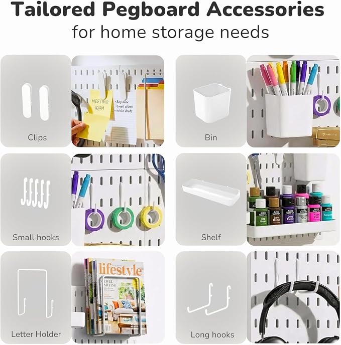 Keepo Peg Board Wall Organizer – Plastic Pegboard Panels, Modular Peg Board Storage System For Home Office, Craft Room, Gaming Setup (White, 22″×22″)