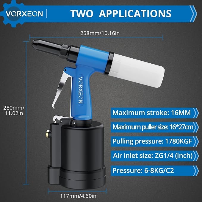 Air rivet gun 3/32" -1/4" with 500 Blind rivets aluminum Power pneumatic tool Air riveter Pulling pressure 3916 lbf for Metalworking Automotive