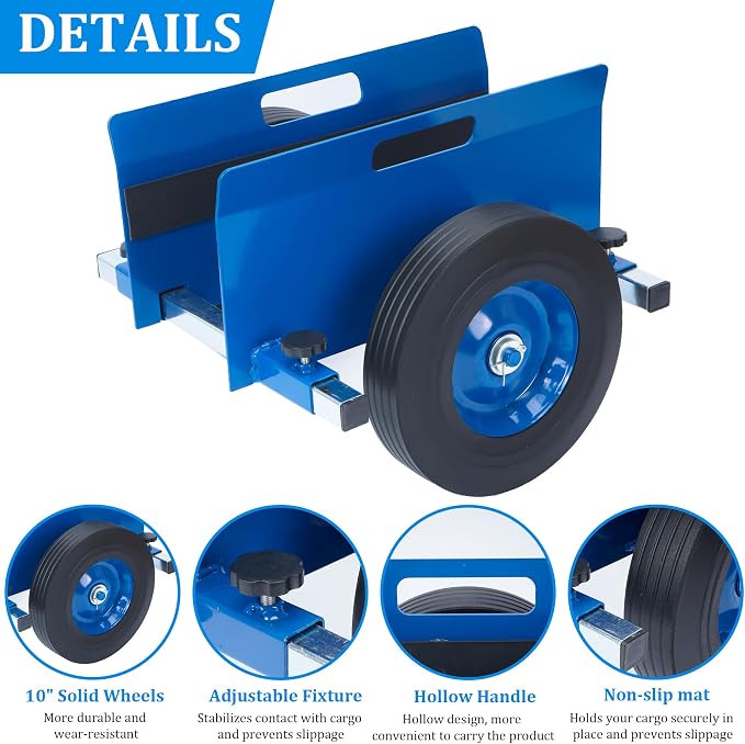 Heavy Duty Panel Dolly Blue Slab Cart 1100LBS Capacity Door Dolly with 10" Solid Wheels, Adjustable Drywall Mover Panel Drywall Cart Material Handling All Terrain