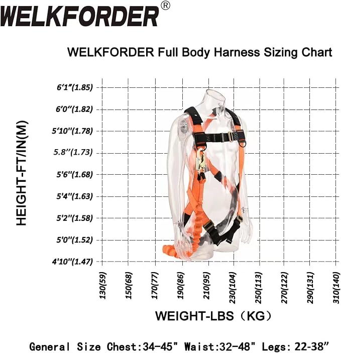 2-PACK 1D-Ring Industrial Fall Protection Safety Harness with 6-Foot Shock Absorber Stretchable Lanyard | Permanent attached Kit | ANSI Compliant Personal Fall Arrest System(PFAS)