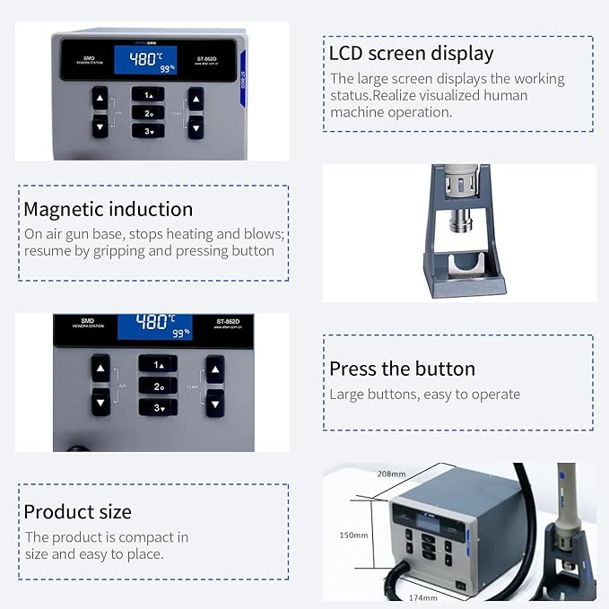 ATTEN Hot Air Soldering Station,ST-862D 1000W Hot Air Gun Soldering Station,Digital Hot Air Rework Station for PCB Chip Soldering Repair with 4 Nozzles