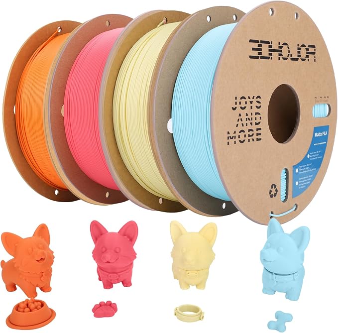 3DHoJor Matte PLA Filament 1.75mm, Upgrade 1kg*4 Bundle Cardboard Spool PLA Filament 1.75 PLA 3D Printing Filament, Print with Most 3D Printers-Strawberry red+Light Blue+Almond Yellow+Tangerine