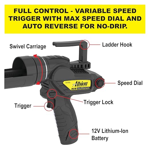 Albion Engineering E12Q B-Line Cordless Cartridge Caulking Gun, No Drip, 12V, 1 Quart
