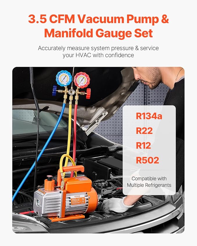VEVOR 3.5 CFM AC Vacuum Pump and Gauge Set, Single Stage Rotary Vane HVAC Air Vacuum Pump, A/C Refrigerant Manifold Gauge Kit, with Hoses, Air Conditioning Refrigeration for R134a, R12, R22, R502a