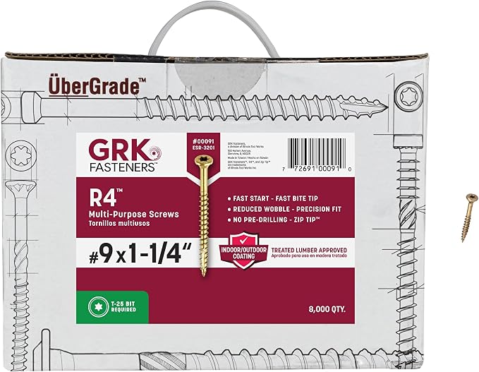 GRK Fasteners R4 #9 x 1-1/4 Inch, Multi-Purpose Framing Screws, 8000 PCS, Rust Resistant Climatek Coating, Outdoor Fencing and Deck Screws, Fast Bite Tip, Star Drive Recess, Gold
