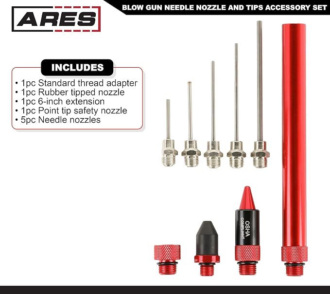 ARES 17008 – 9-Piece Air Blow Gun Needle Nozzle and Tips Accessory Set – Durable Aluminum Construction– Includes 2 Nozzles, 5 Needle Nozzles, 6-Inch Extension, and Standard Thread Adapter