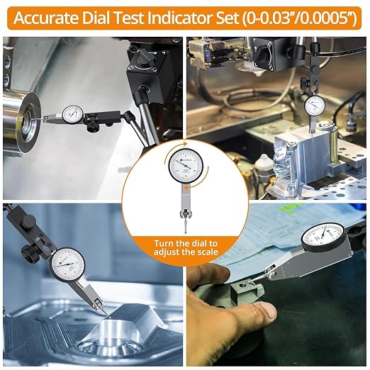 Neoteck 0-0.03"/0.0005" Test Indicator with 176lbs Pull Magnetic Base Stand | 80kg Max Pull，3/8 inch (9.52mm) Clamping Hole，Silver，Widely Used in Narrow Area Measurement，Ideal for CNC Operators