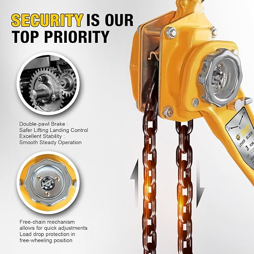 YELLOW JACKET 3 Ton Manual Lever Chain Hoist, G80 Galvanized Carbon Steel with Weston Double-Pawl Brake, Chain Come Along and Safety Measures for Chain Fall
