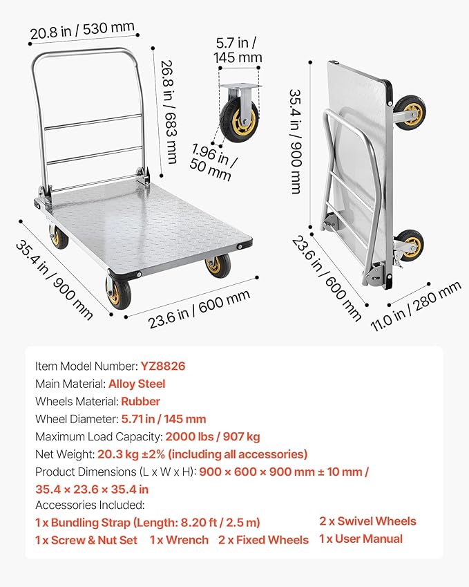 VEVOR Heavy Duty Platform Truck, 2000 LBS Steel Large Flatbed Cart with 360° Swivel Wheels & Brakes, Foldable Platform Hand Push Truck Dolly for Easy Storag/Groceries/Garage/Warehouse (36" X 24")